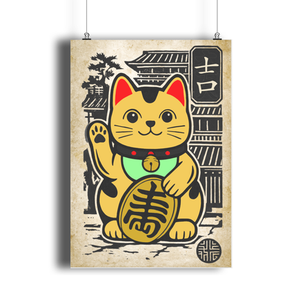 Lucky Cat Art Print: Japandi Maneki Neko Good Fortune Poster