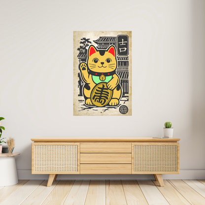 Lucky Cat Art Print: Japandi Maneki Neko Good Fortune Poster