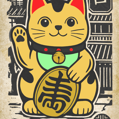 Lucky Cat Art Print: Japandi Maneki Neko Good Fortune Poster