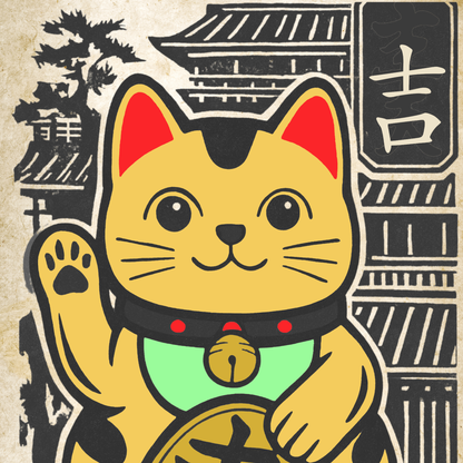 Lucky Cat Art Print: Japandi Maneki Neko Good Fortune Poster