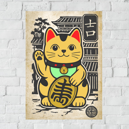 Lucky Cat Art Print: Japandi Maneki Neko Good Fortune Poster
