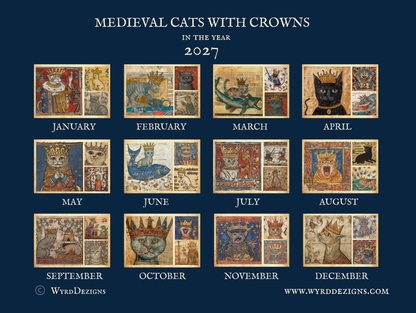 Back cover of Medieval Cats Calendar 2027 showing all twelve monthly designs