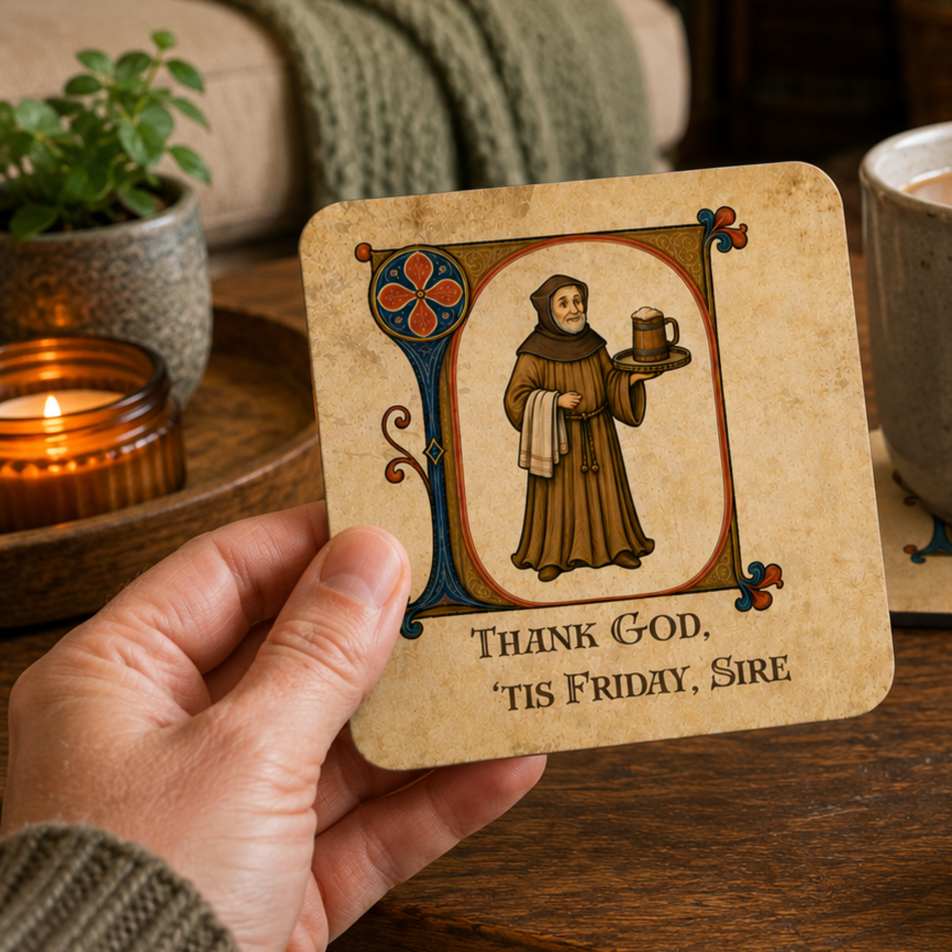 A hand holds a square coaster featuring a medieval-style illustration of a Franciscan monk holding a mug, with the text 'THANK GOD, TIS FRIDAY, SIRE' printed below. The scene is set on a wooden table with a lit candle, a potted plant, and a mug in the background.