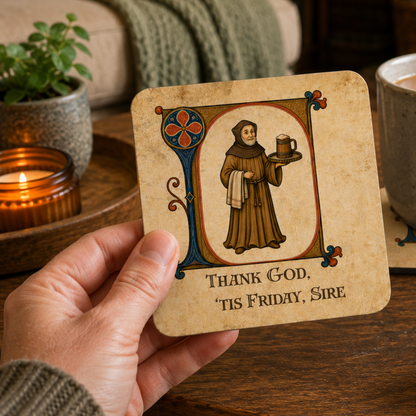 A hand holds a square coaster featuring a medieval-style illustration of a Franciscan monk holding a mug, with the text 'THANK GOD, TIS FRIDAY, SIRE' printed below. The scene is set on a wooden table with a lit candle, a potted plant, and a mug in the background.