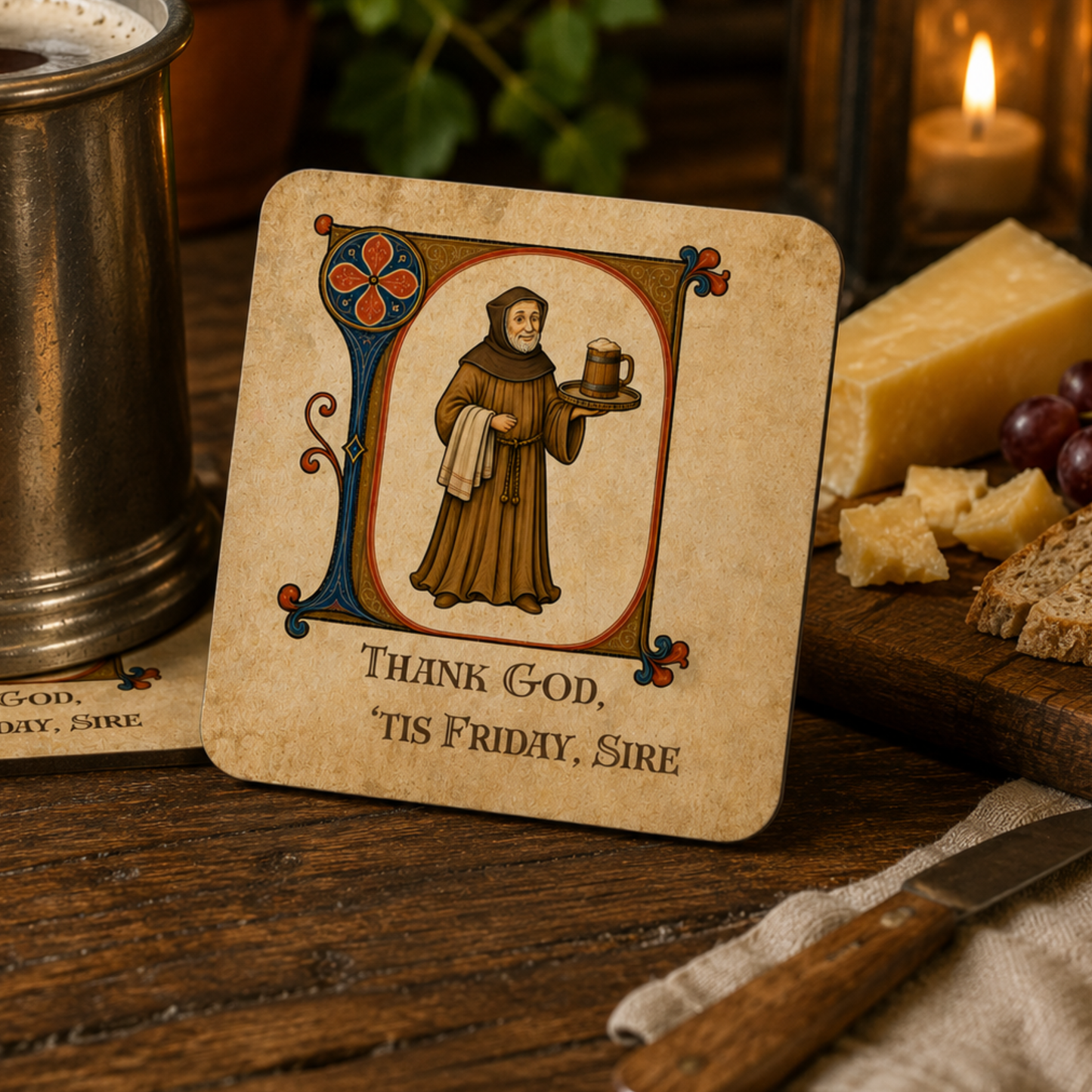 A square ceramic beer coaster with rounded corners, featuring a vintage-style illustration of a Franciscan holding a mug and the text 'THANK GOD, TIS FRIDAY, SIRE'. The coaster is displayed on a rustic wooden table alongside a metal mug, cheese, grapes, and a knife.