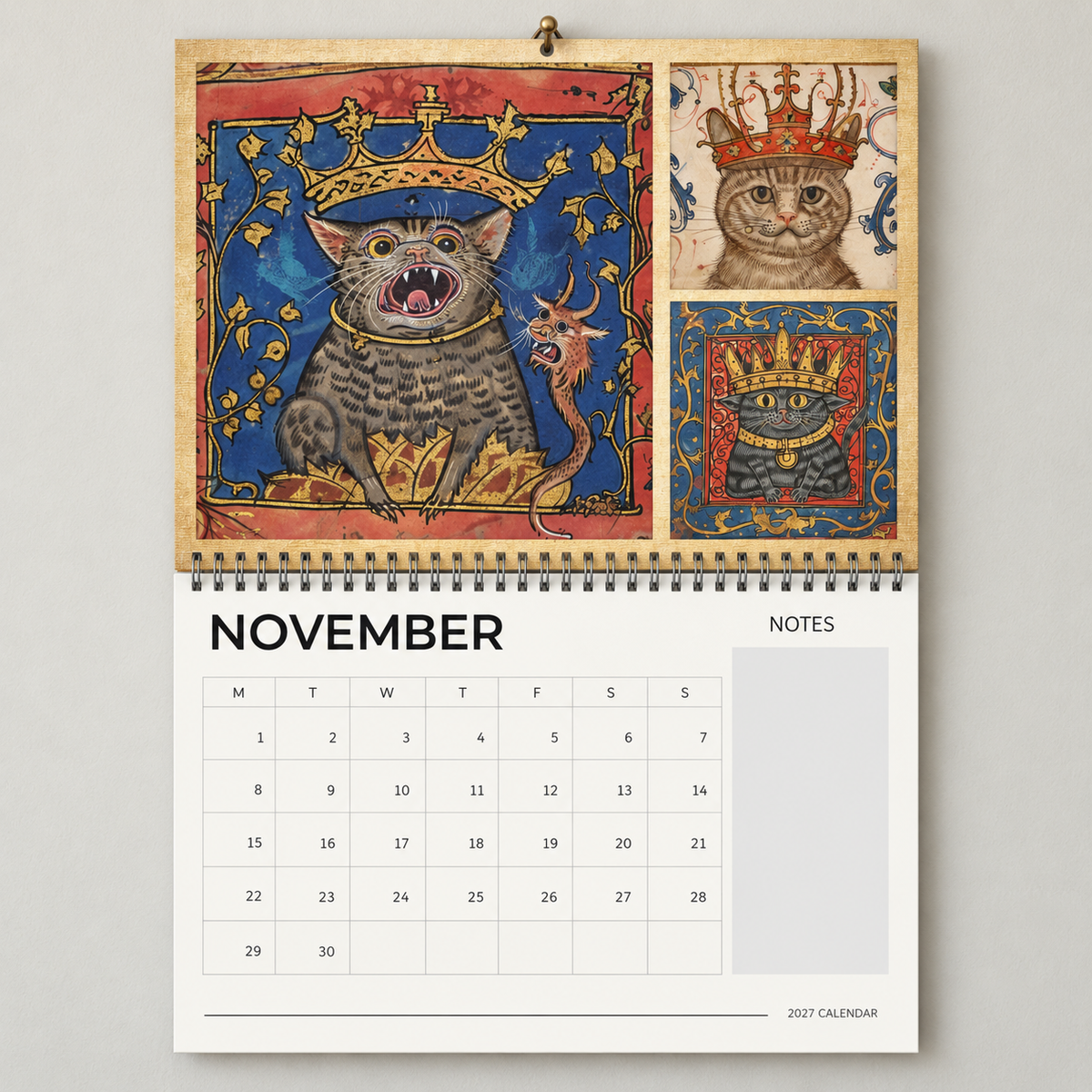 November 2027 Medieval Cats wall calendar page with crowned cat manuscript artwork and calendar grid