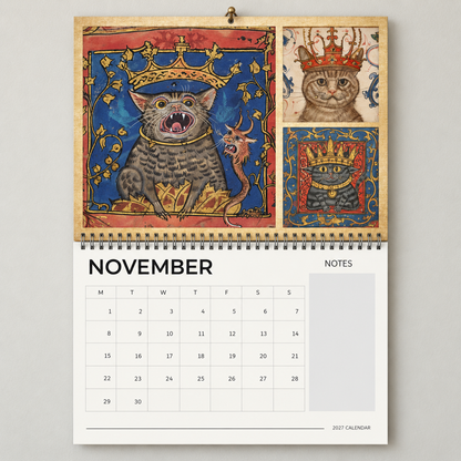 November 2027 Medieval Cats wall calendar page with crowned cat manuscript artwork and calendar grid