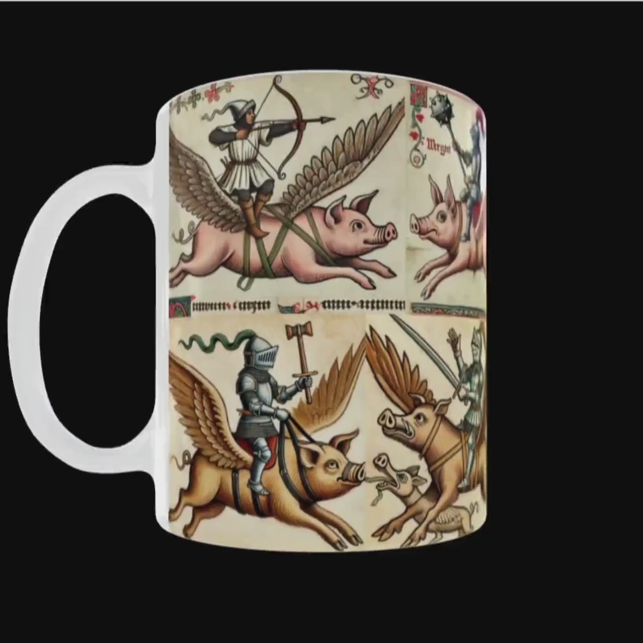 Medieval Knights Mug, Knights Riding Flying Pigs, Funny Marginalia Mug, Medieval Marginalia Gifts, Funny Pig Gifts, Knights in Armour,