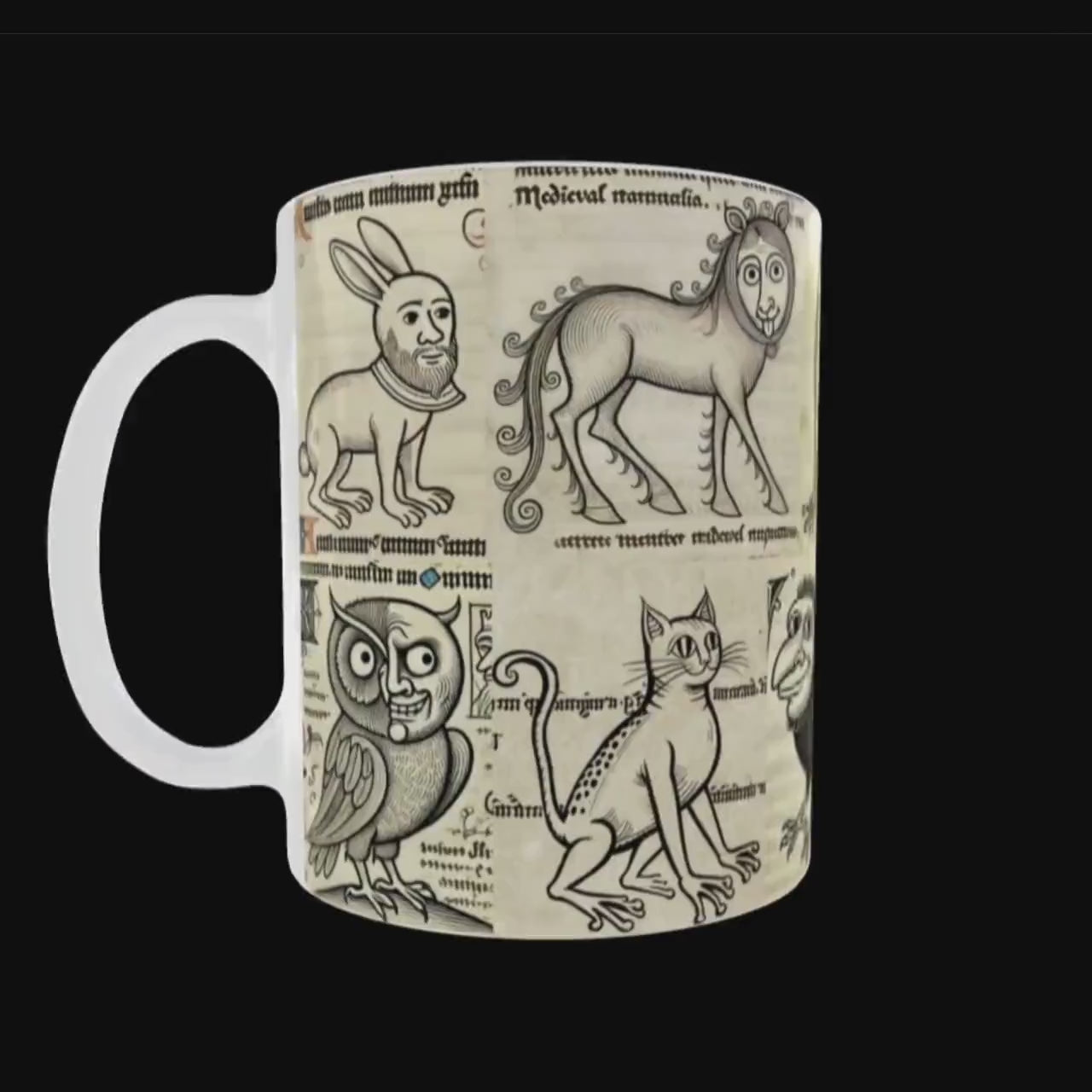Weird Animal Marginalia Mug, Cats, Rabbits, Owls, Frogs, Dark Academia, Animals with Human Faces, Medieval Animal Drawings, Weird Animal Art