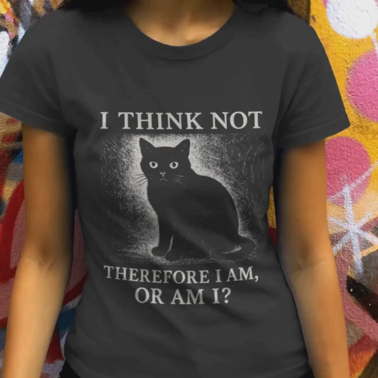 Funny Black Cat T-Shirt – I Think Not Philosophical Meme Tee, Absurdist Vintage Style