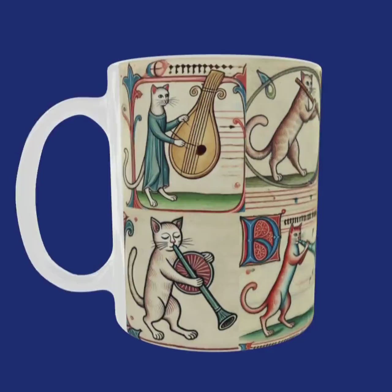 Medieval Cat Musician Mug: Illuminated Manuscript Art