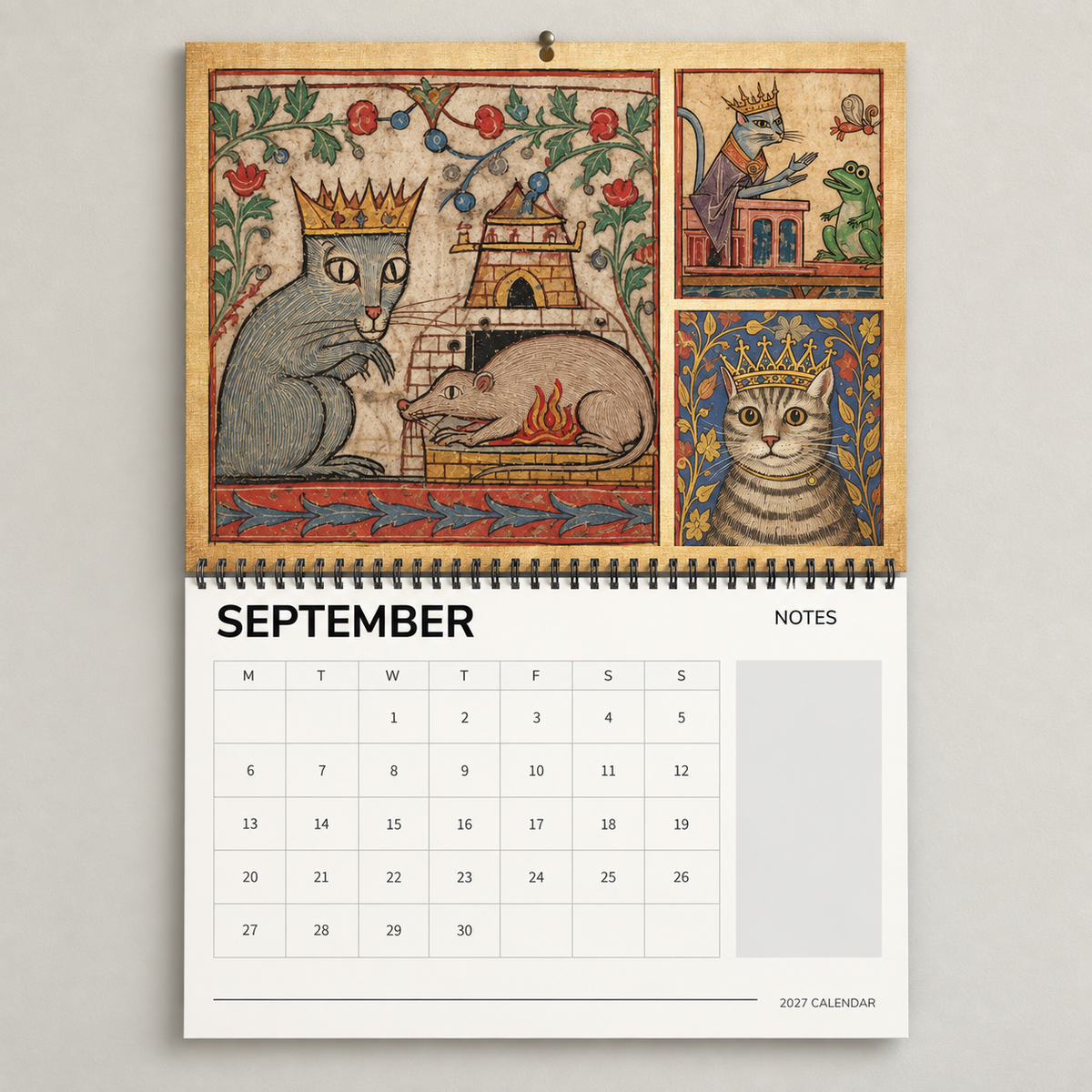 September 2027 Medieval Cats wall calendar page with crowned cat and medieval manuscript artwork