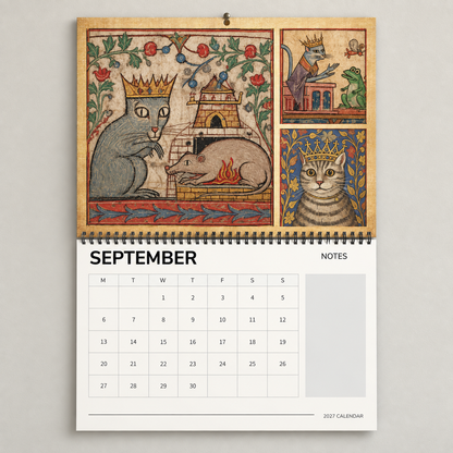 September 2027 Medieval Cats wall calendar page with crowned cat and medieval manuscript artwork