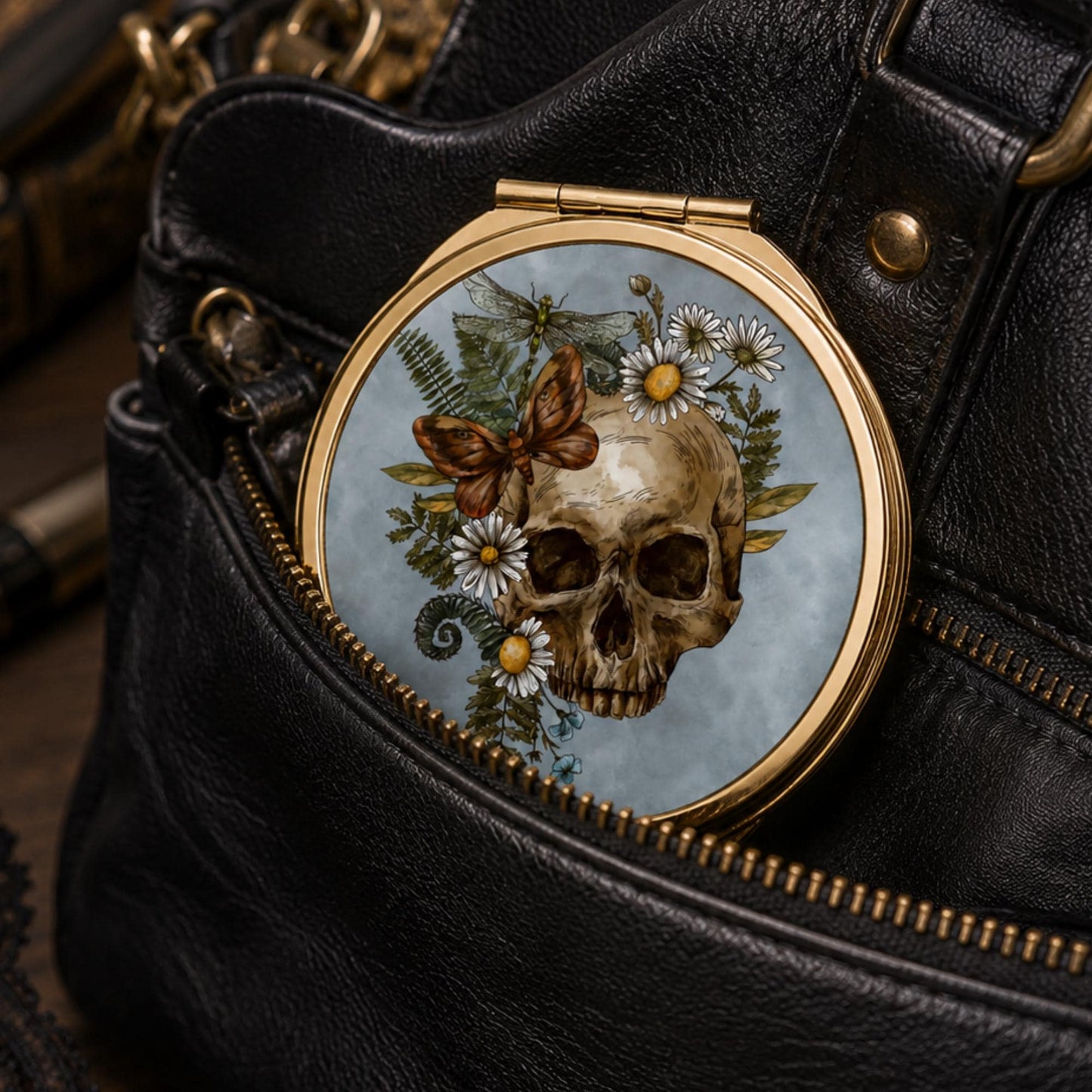 A round compact mirror with a gold-tone frame and a detailed illustration of a skull, daisies, ferns, and a butterfly on a light blue background, shown resting inside the zippered pocket of a black leather bag.